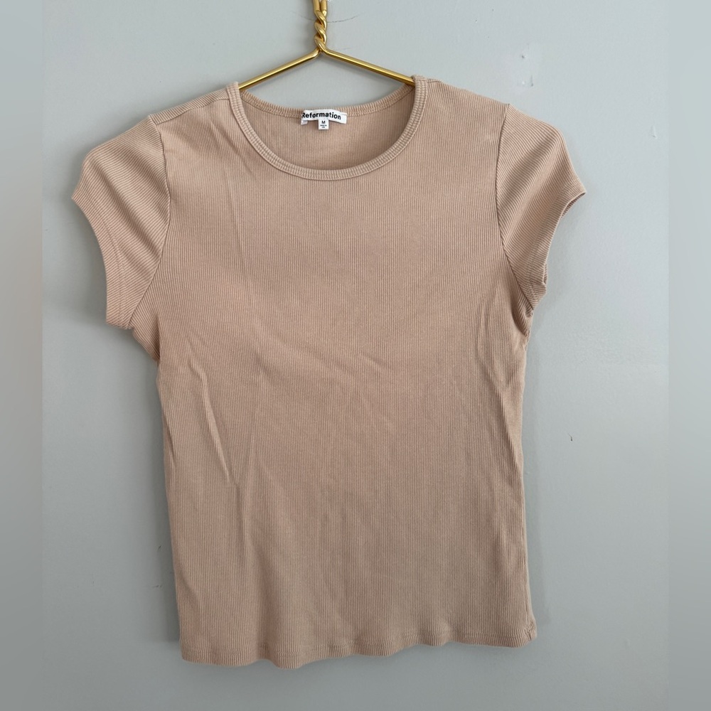 Reformation Beige Ribbed Short Sleeve Top